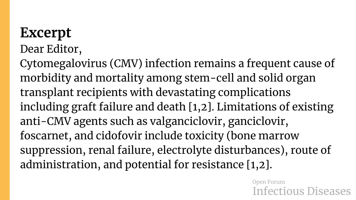OFIDJournal's tweet photo. Maribavir for CMV Treatment in the Real World - Not a Silver Bullet 

✅ Just Accepted
🔓 Open Access
✉️ Letter to the Editor
🔗 https://t.co/5txngkPdJ5 https://t.co/JpuSdEOKen