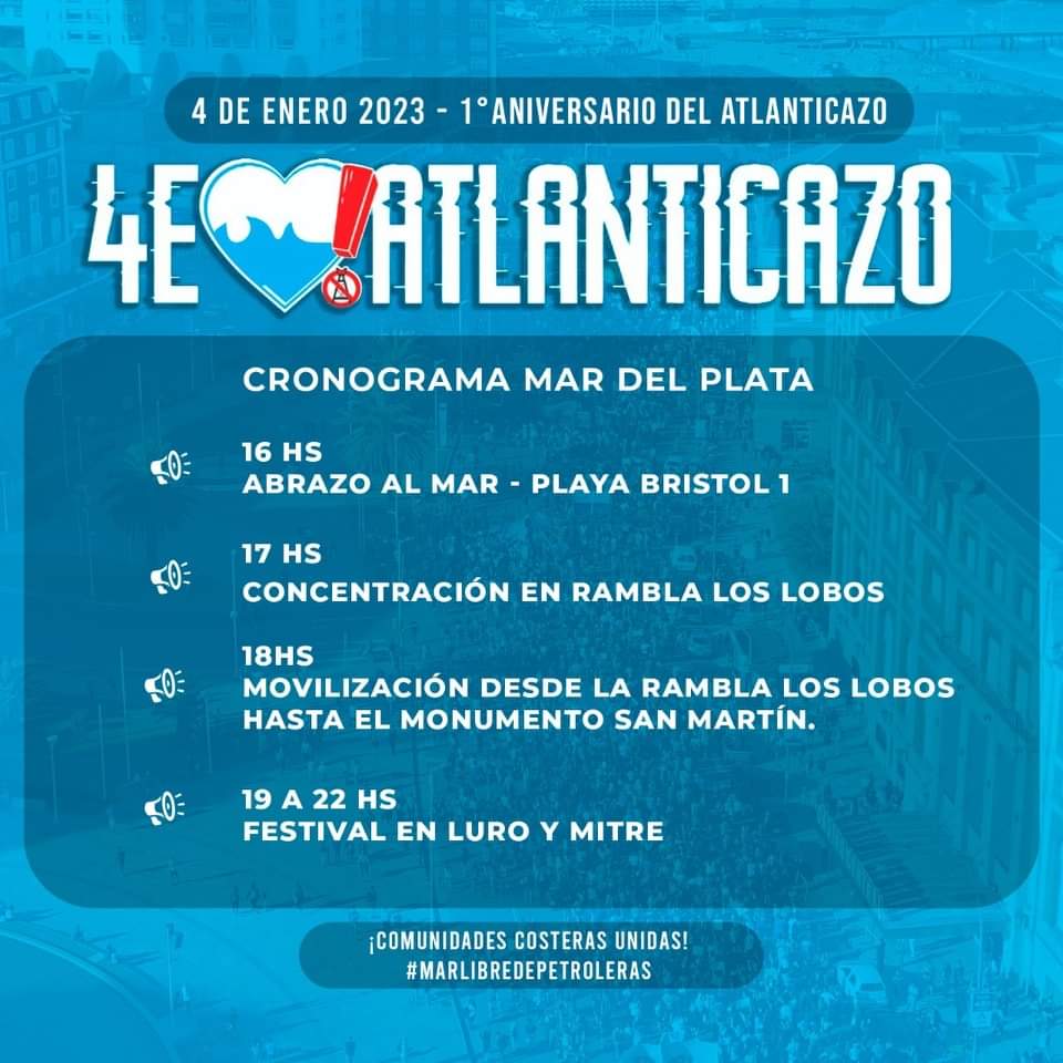 MarabuntaArg's tweet photo. 🌊 Cronograma de actividades #Atlanticazo
Mar del plata - 4 de Enero
👐🏽 ¡Nos vemos este 4 en un nuevo Atlanticazo por un #marlibre!
#Atlanticazo #Oceanazo #noalaspetroleraa #mardelplata #musica #arte https://t.co/93yf44C6da