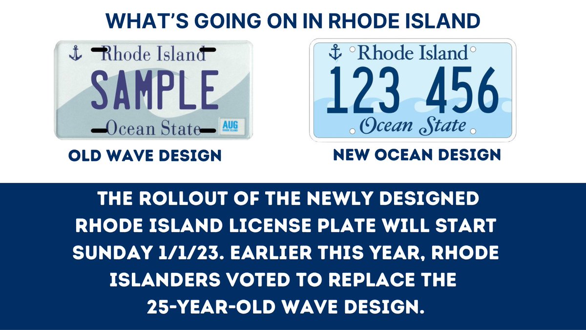 WhatsgoingonRI's tweet photo. The rollout of the newly designed Rhode Island license plate will start Sunday 1/1/23. π ππ
#RhodeIsland #RIDMV #Rhody #RhodeIsland_Igers #TheOceanState #OceanState #WhatsGoingOnInRhodeIsland https://t.co/g0yYkoD7qo