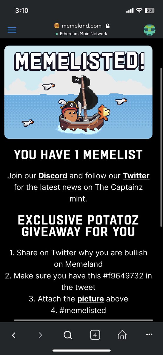 Market slaps but @memeland slaps harder, glad to be given this opportunity and can’t wait to get myself a captainz. It’s gonna be legendary 🏴‍☠️🏴‍☠️ ARGGGHH

@memeland #memelisted #f9649732