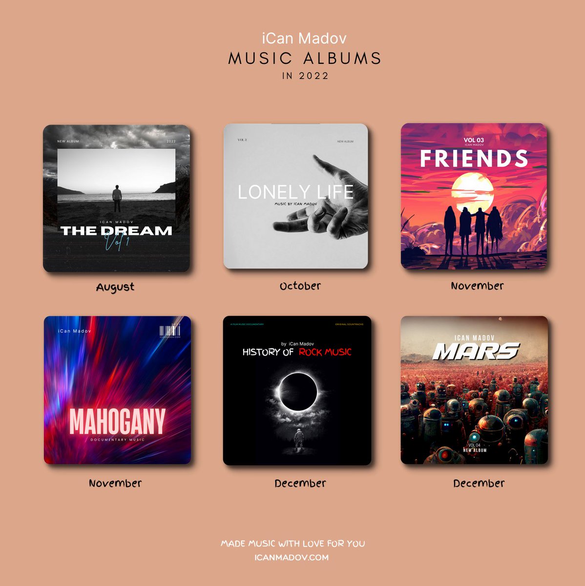 icanmadov's tweet photo. Looking back on 2022... what was your favorite album? πβ€οΈπ΅πΈπ»
You can listen this albums here: https://t.co/HRvGDZkUay
Or: https://t.co/Hn1pgeC3Xw
#iCanMadov #Music #byiCanMadov #Musician #TheDream #LonelyLife #Friends #Mahogany #Mars #World #DedicatedToWorld https://t.co/1M0deECPJK