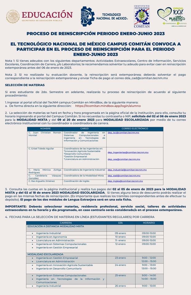 TecNMComitan's tweet photo. ✅PROCESO DE REINSCRIPCIÓN Y CUOTAS ENE-JUN/2023 #ComunidadEstudiantil del #TecNM campus Comitán consulta el Proceso de Reinscripción y las💲cuotas del periodo ene-jun/2023 Realiza tus trámites sin contratiempos. Échale un 👁 #JaguaresTec Todas y #TodosSomosTecNM #ComunidadTecNM https://t.co/pBpOzyjSey