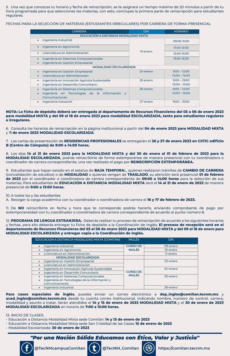 TecNMComitan's tweet photo. ✅PROCESO DE REINSCRIPCIÓN Y CUOTAS ENE-JUN/2023 #ComunidadEstudiantil del #TecNM campus Comitán consulta el Proceso de Reinscripción y las💲cuotas del periodo ene-jun/2023 Realiza tus trámites sin contratiempos. Échale un 👁 #JaguaresTec Todas y #TodosSomosTecNM #ComunidadTecNM https://t.co/pBpOzyjSey