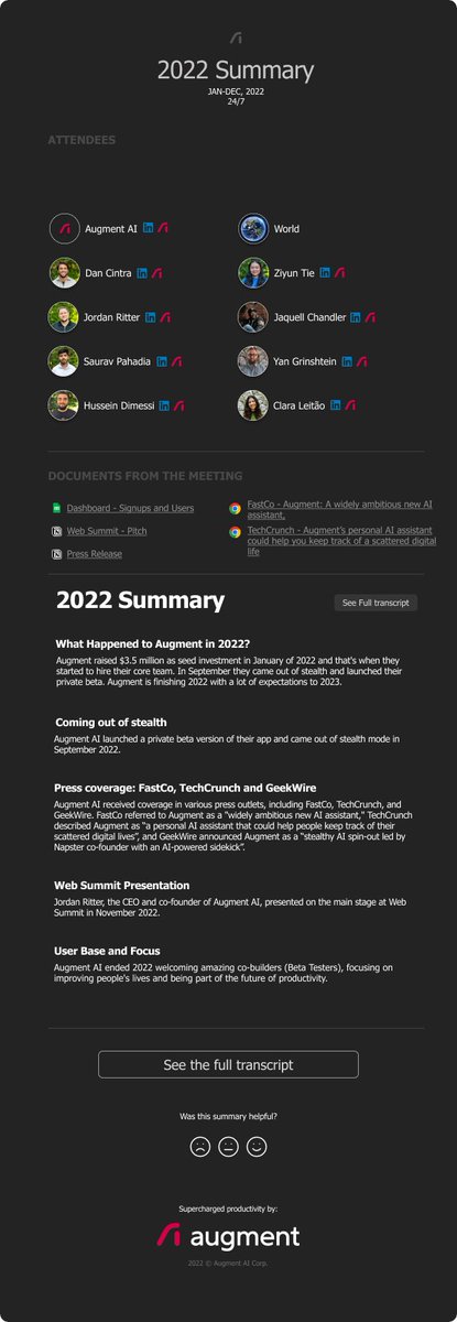 augmentai's tweet image. Here's our Augment Meeting Summary of 2022. What an awesome year.

If your New Year's resolution is to achieve a more productive &amp;amp; organized life, you've just found the AI assistant that gets things done for you: augment.co/?ref=twitter

Here's to an augmented 2023!⭕️