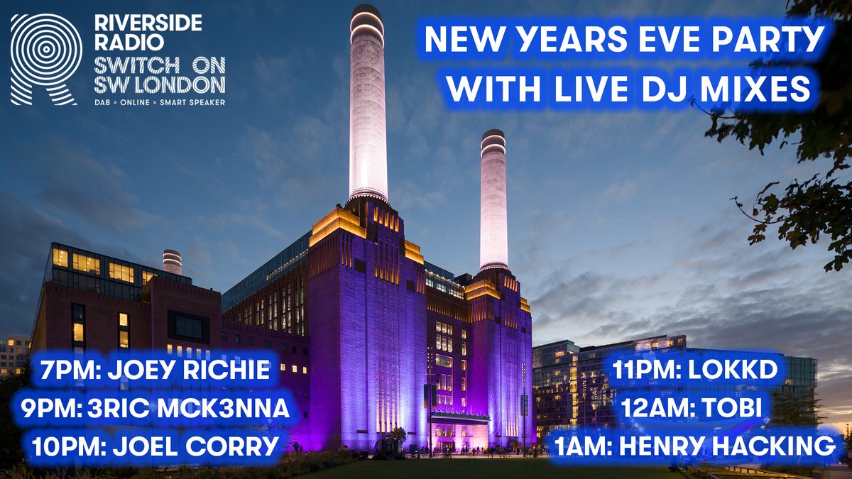 ThisisRiverside's tweet photo. 🎉Bring in the New Year with Riverside Radio!🎉Tune in from 7pm for the New Years' Eve Party! To hear non-stop mixes until 4AM! 🚨@3ricMck3nna @LOKKDMusic @HenryHacking 🚨

#NewYear #NewYearsEve #DJ #Mixes #Pop #RnB #House #Techo #EDM #RiversideRadio #SWLondon #London #Party https://t.co/w6c2QZULXw