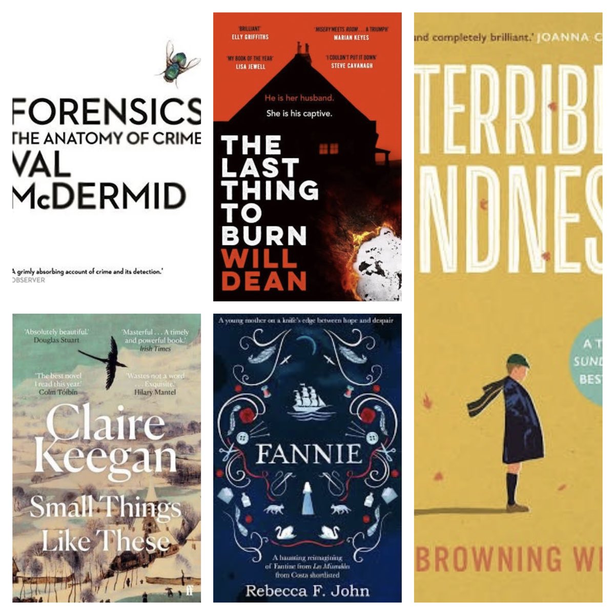 A hard choice but heres my #Top5Books read in 2022📚😀
5 - #Forensics @valmcdermid 
4 - #Fannie @Rebecca_Writer 
3 - #SmallThingsLikeThese @CKeeganFiction 
2 - #TheLastThingToBurn @willrdean 
1 - #ATerribleKindness @JoBrowningWroe - My favourite book of the Year #BookTwitter