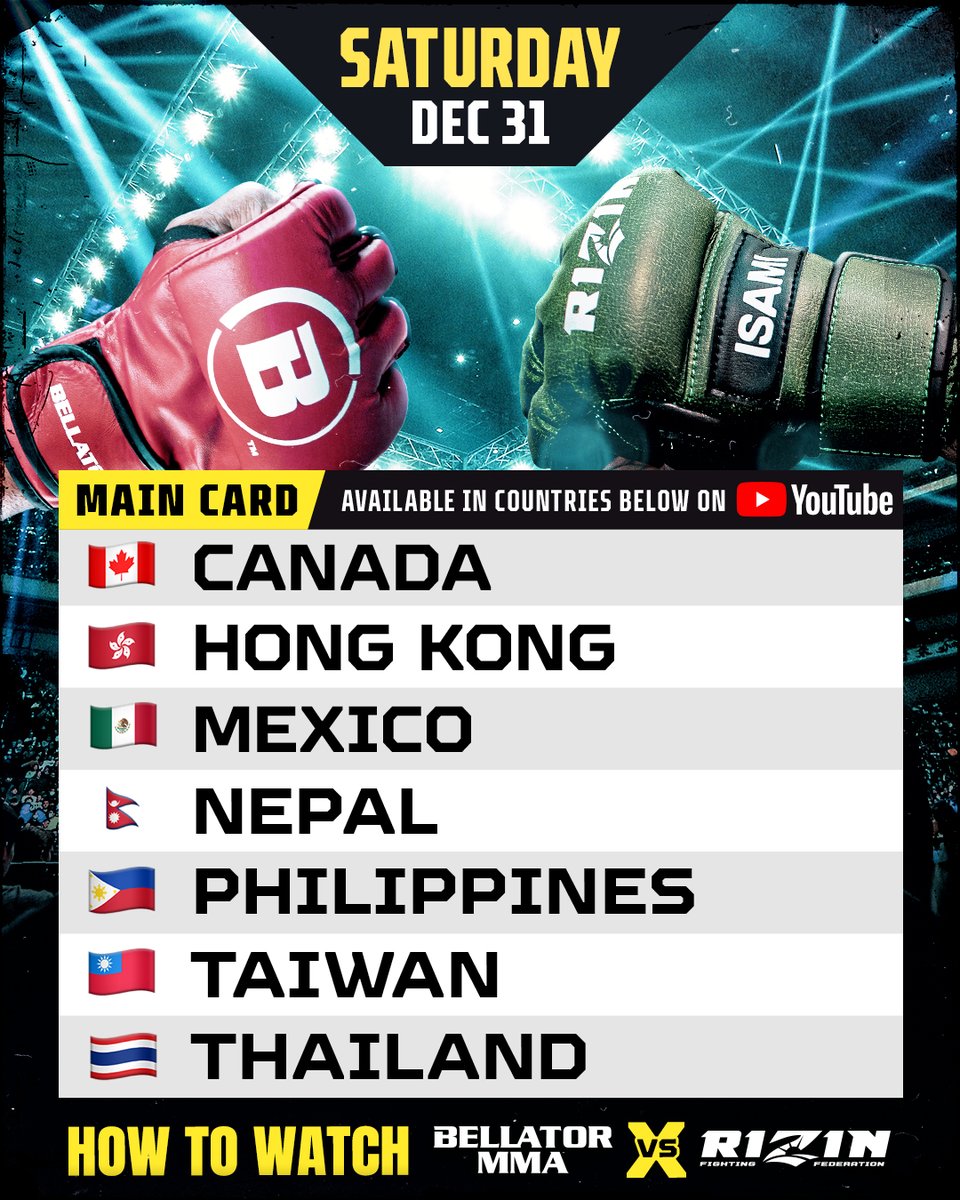 Bellator MMA on X: Here's how to watch #BellatorvsRIZIN all over the  world. 🌍 This historic event will be on at a special time on @SHOSports 8pm  ET/PT Where will you be