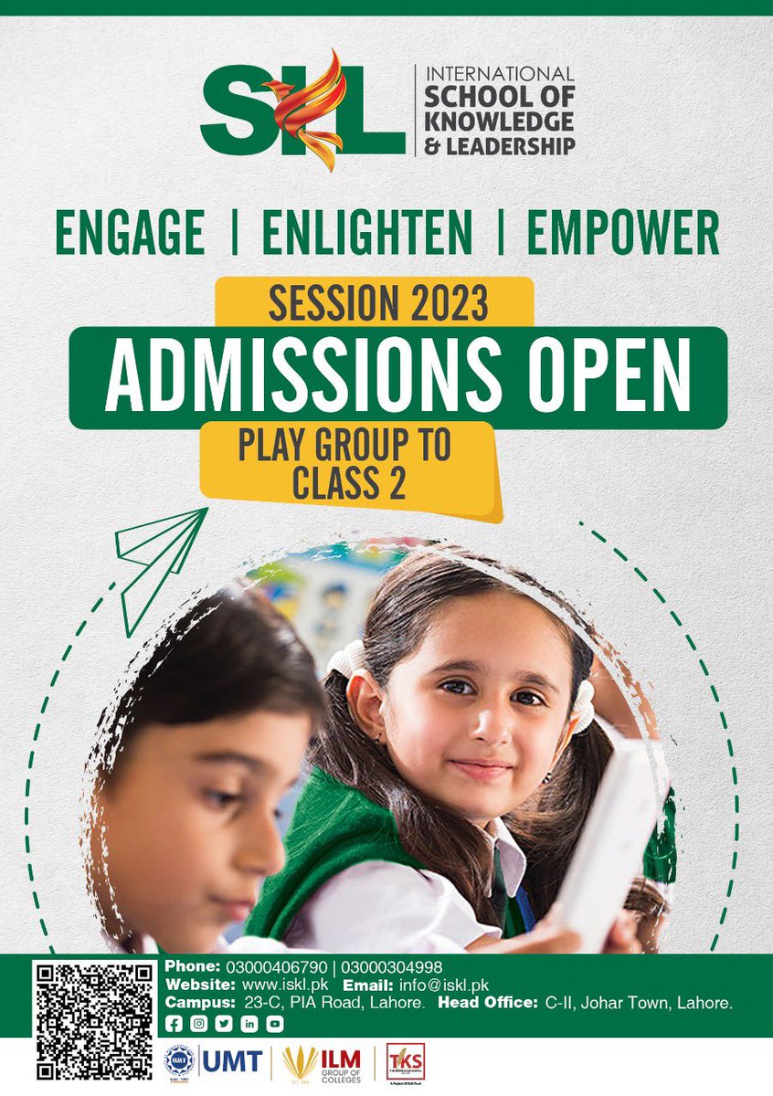 Mariam_Murad's tweet photo. Extending my leader Dr Hasan Murad’s vision “to build a knowledge community to lead Pakistan”, SKL fosters social development &amp; lifelong learning preparing young minds to tackle tomorrows biggest challenges. 
Admissions Open!
#SKL #EducatePakistan #Pakistan https://t.co/Tg1U1ARBPS