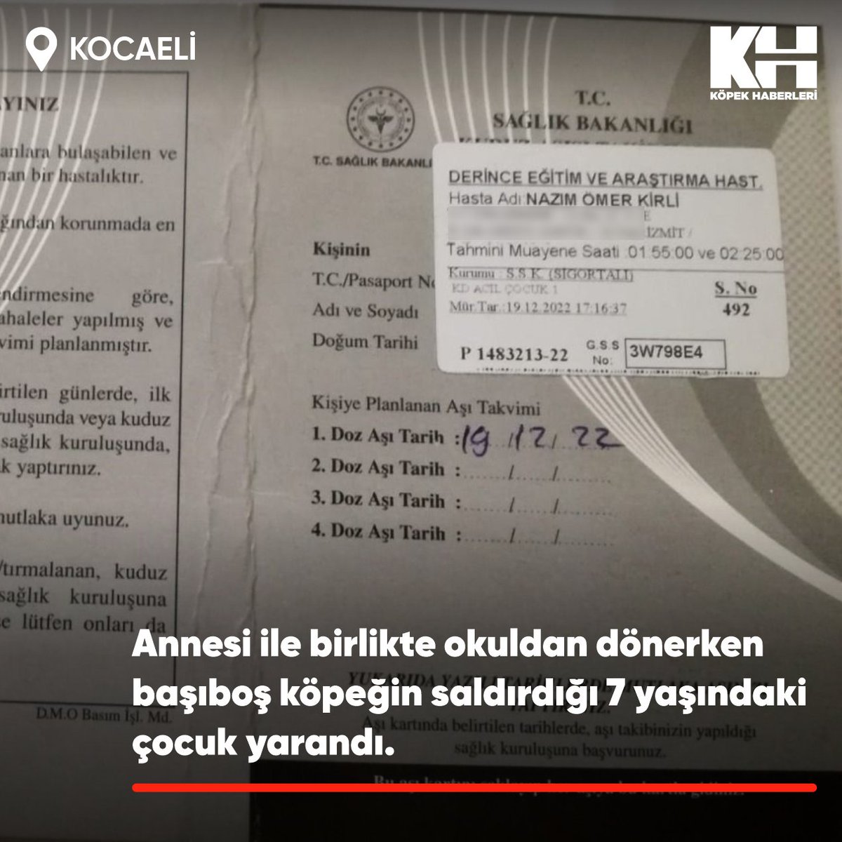 Kocaeli'nin İzmit ilçesine bağlı Kadıköy Mahallesi'nde annesi ile birlikte okuldan dönen 7 yaşındaki Nazım Ömer'e başıboş köpek saldırdı.
#kuduz .
Montu parçalanan ve kolunun birkaç yerinden ısırılan Ömer, Derince Eğitim ve Araştırma Hastanesi'ne kaldırıldı.