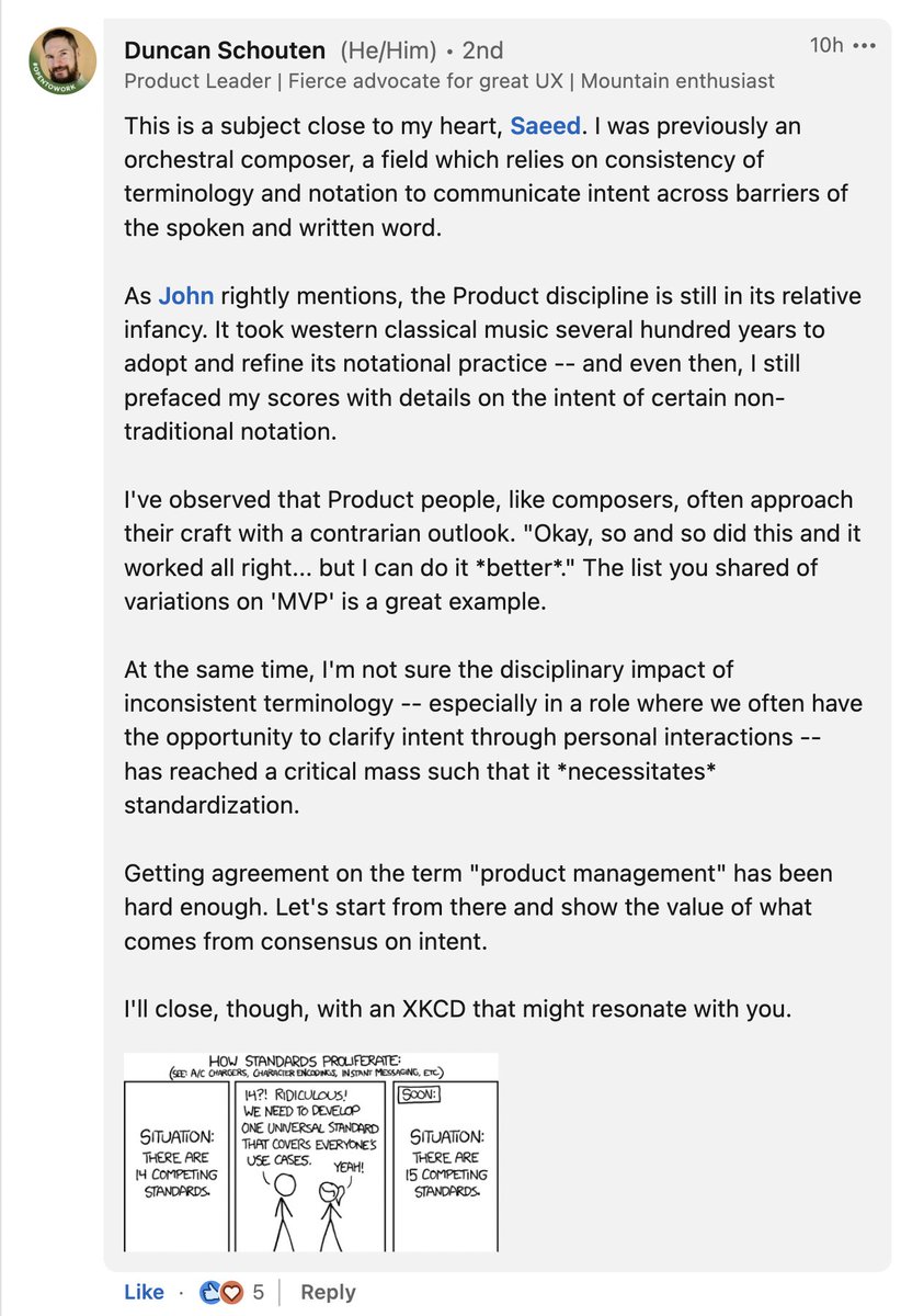 Amazing reply by @DuncanSchouten regarding the seemingly dire state of product management terminology. ' It took western classical music several hundred years to adopt and refine its notational practice -- and even then, I still prefaced my scores...' @RealGeneKim @jessitron