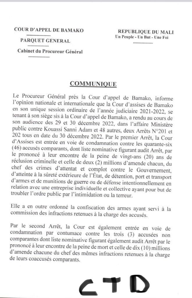 rfemassala's tweet photo. Affaire 46 militaires ivoiriens :Le verdict est tombé. 
Les 46 militaires, dont leurs  officiers , ont été condamnés à 20 ans et 2 millions d’amende chacun de réclusion pour les chefs d'accusation cités l'arrêt de revoie du  27 décembre ( dans leur mise en accusation) . https://t.co/QXYp8LfXHf