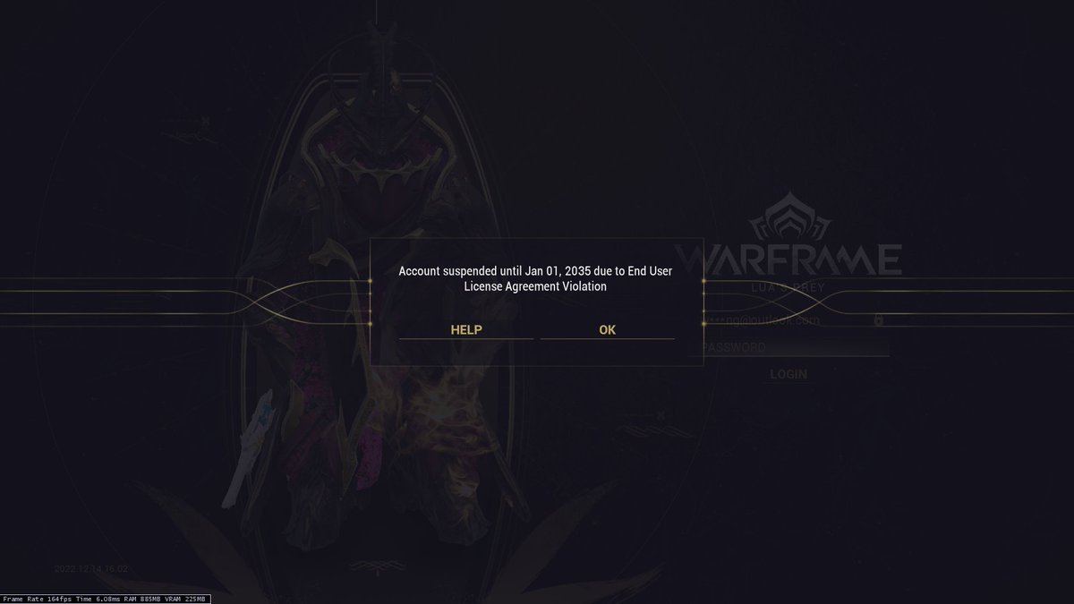 nice a 12 year suspension with no explanation as to why i was suspended 
thanks <a href="/DigitalExtremes/">Digital Extremes</a> <a href="/PlayWarframe/">WARFRAME</a>
