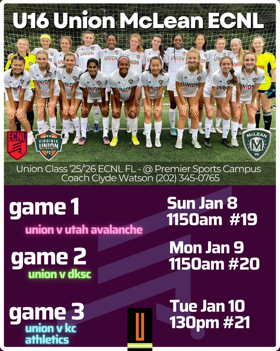 U16 2007

Game #1:
vs Utah Avalanche
🗓 Sun Jan 8
⏰ 11:50 am
📍 #19 Premier Sports Campus

Game #2: 
vs DKSC
🗓 Mon Jan 9
⏰ 11:50 am
📍 #20 Premier Sports Campus

Game #3: 
vs KC Athletics
🗓 Tue Jan 10
⏰ 1:30 pm
📍 #21 Premier Sports Campus