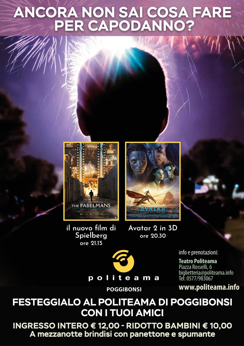 🤩Festeggia il Capodanno insieme a noi e ai tuoi amici qui al Politeama. In programmazione "The Fabelmans" e "Avatar 2" in 3D... A mezzanotte brindisi con spumante e panettone.
Vi aspettiamo!!
#politeamapoggibonsi #soloalcinema #dafareinvaldelsa