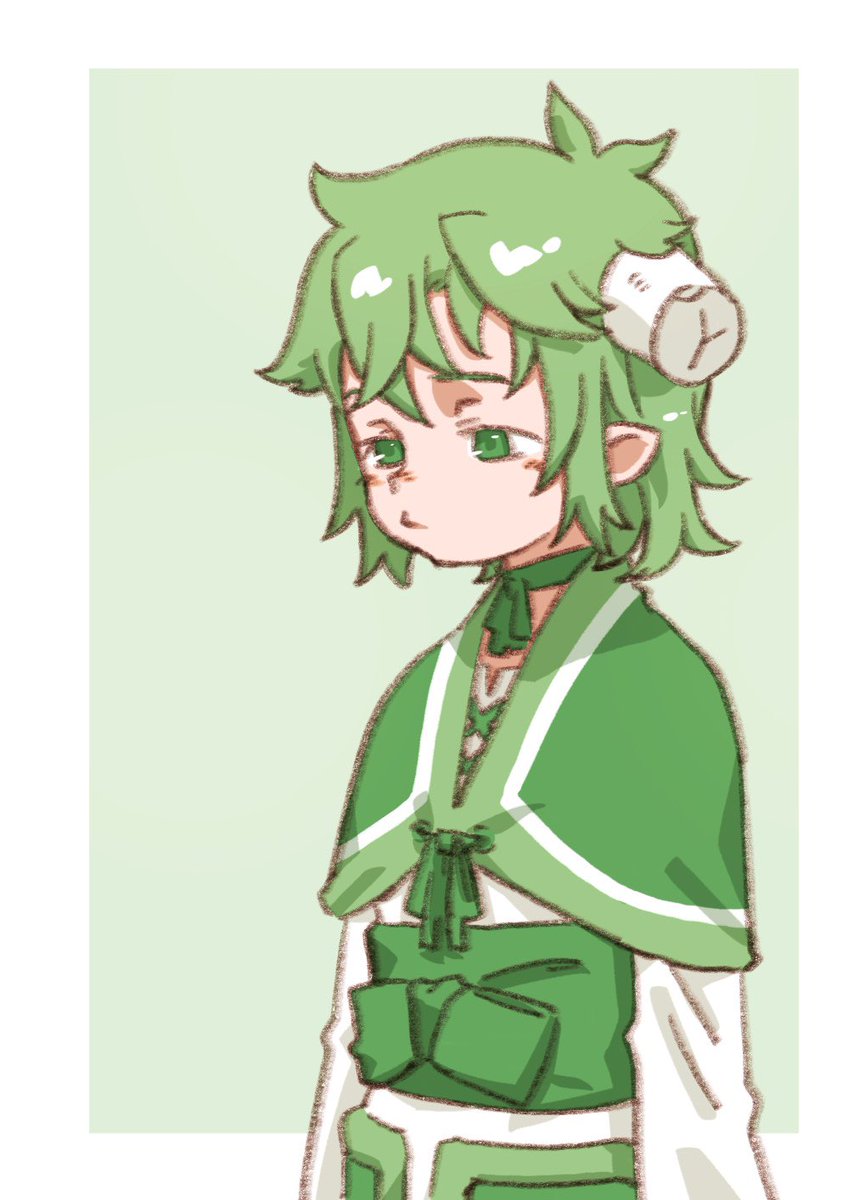 solo green hair green eyes horns pointy ears 1boy male focus  illustration images