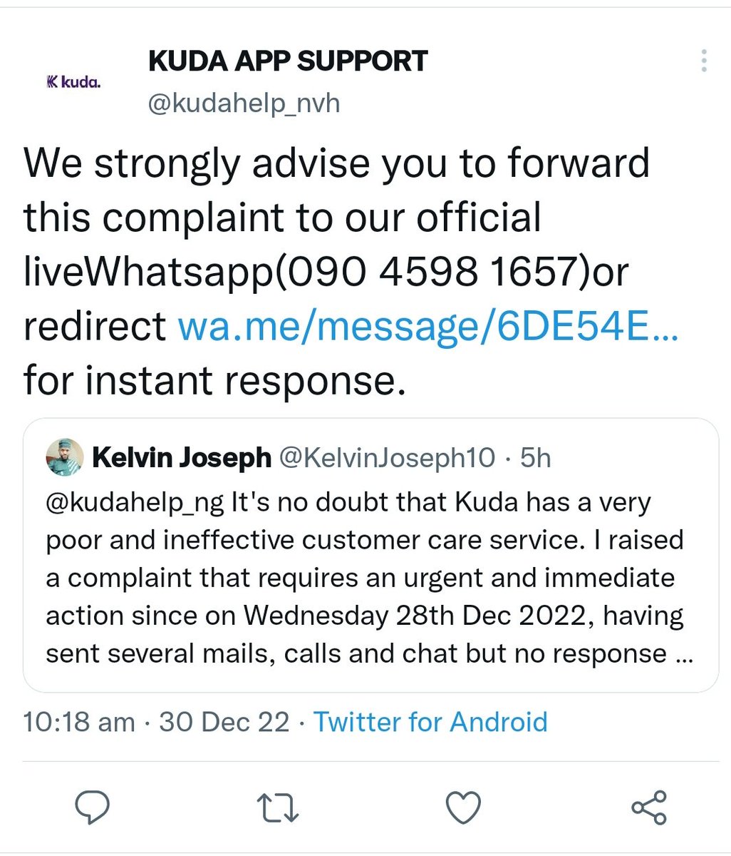KelvinJoseph10's tweet photo. @kudahelp_ng Please guys be sure of the Kuda twitter handle that replies on your tweets. I almost fell victim of an imposter who pretends to be Kuda Customer Care Agent. He told me that I could get a quicker response via their whatsApp line and he drew my attention there https://t.co/irLmTVqbF4