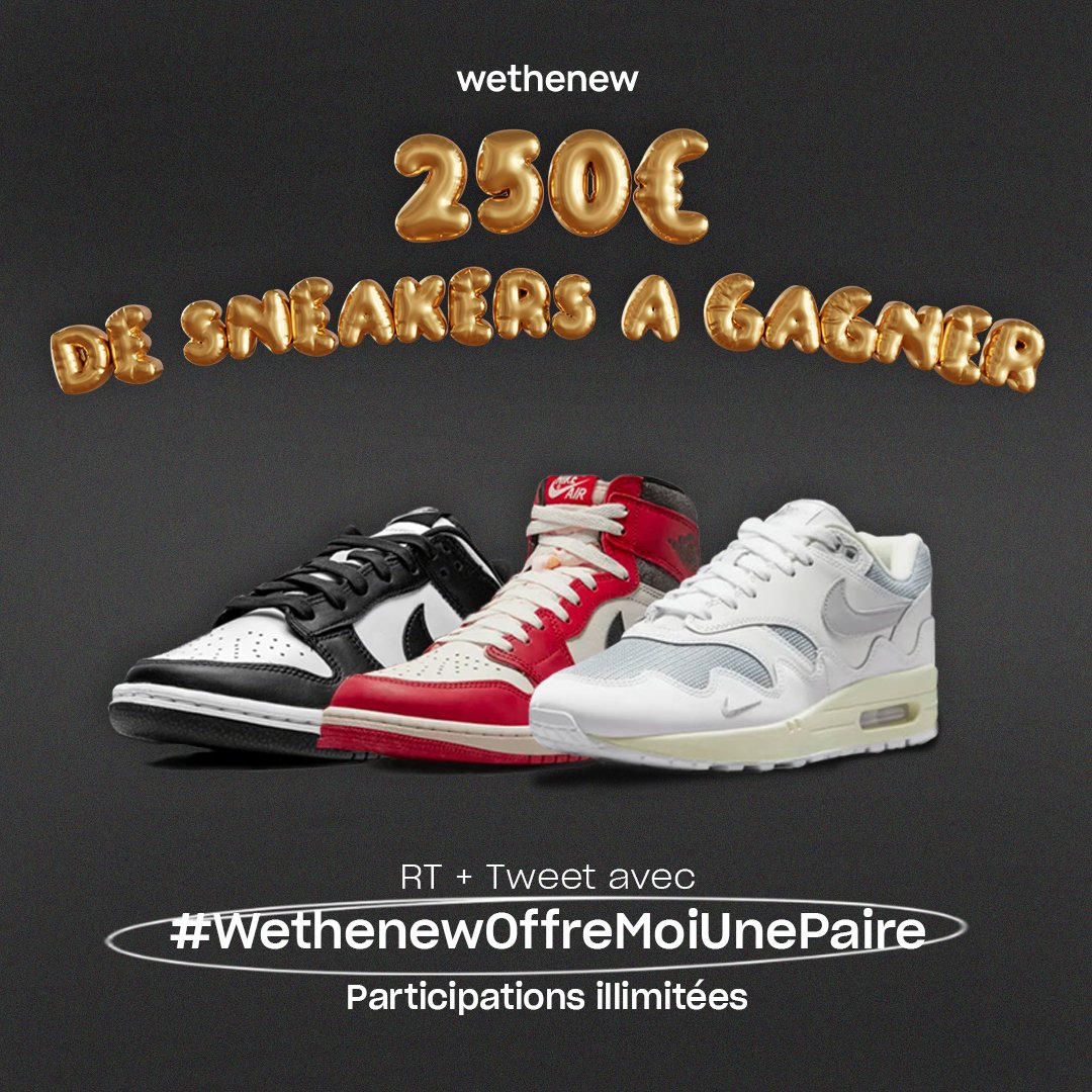 CONCOURS 🔥
Quoi de mieux pour cette fin d'année que de se faire plaisir avec 250€ de sneakers à gagner ? 👀

Pour participer :
- Follow <a href="/wethenewfr/">Wethenew</a>
- RT + Tweet avec #WethenewOffreMoiUnePaire

Plus tu participes, + tu as de chances de gagner ☘️
⚠️ Participations illimitées