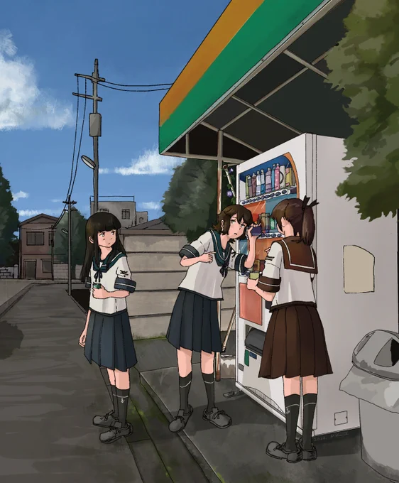 同じ動くモノとしての自販機と艦。人の形をとり自らの意思を表出できるようになった艦と自販機の間にその二つを繋ぐ中間的存在としての飲み物。それを介せば自販機の考えていることが聞こえるかも…?という深雪の行動とそれを見る二人(自販機合同の表紙) 
