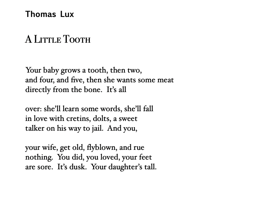 The perfect rhyme across stanzas of 'you' and 'rue' in this little tooth by Thomas Lux.