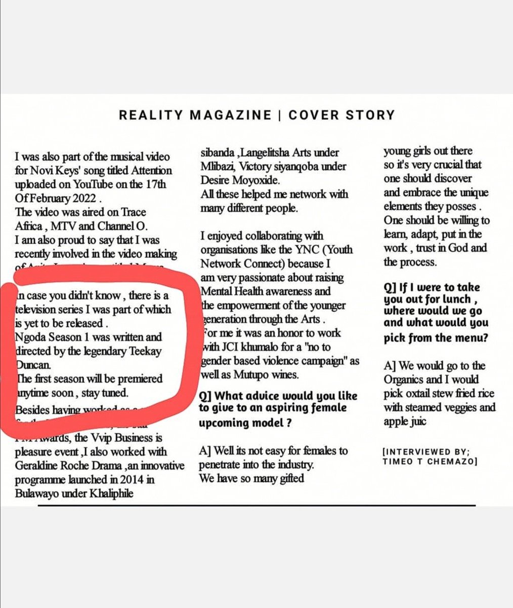 teekayduncan's tweet photo. KeDecember 2022 | Shout Out to Elaine the girl on the cover story for REALITY MAGAZINE December Issue | I qoute from the writer "Ngoda Season 01 which was written and Directed by the Legendary Teekay Duncan." | I really feel honoured and humbled. #GodDid #GlobalStatus 🔥🔥🔥 https://t.co/fqj53pNxXk