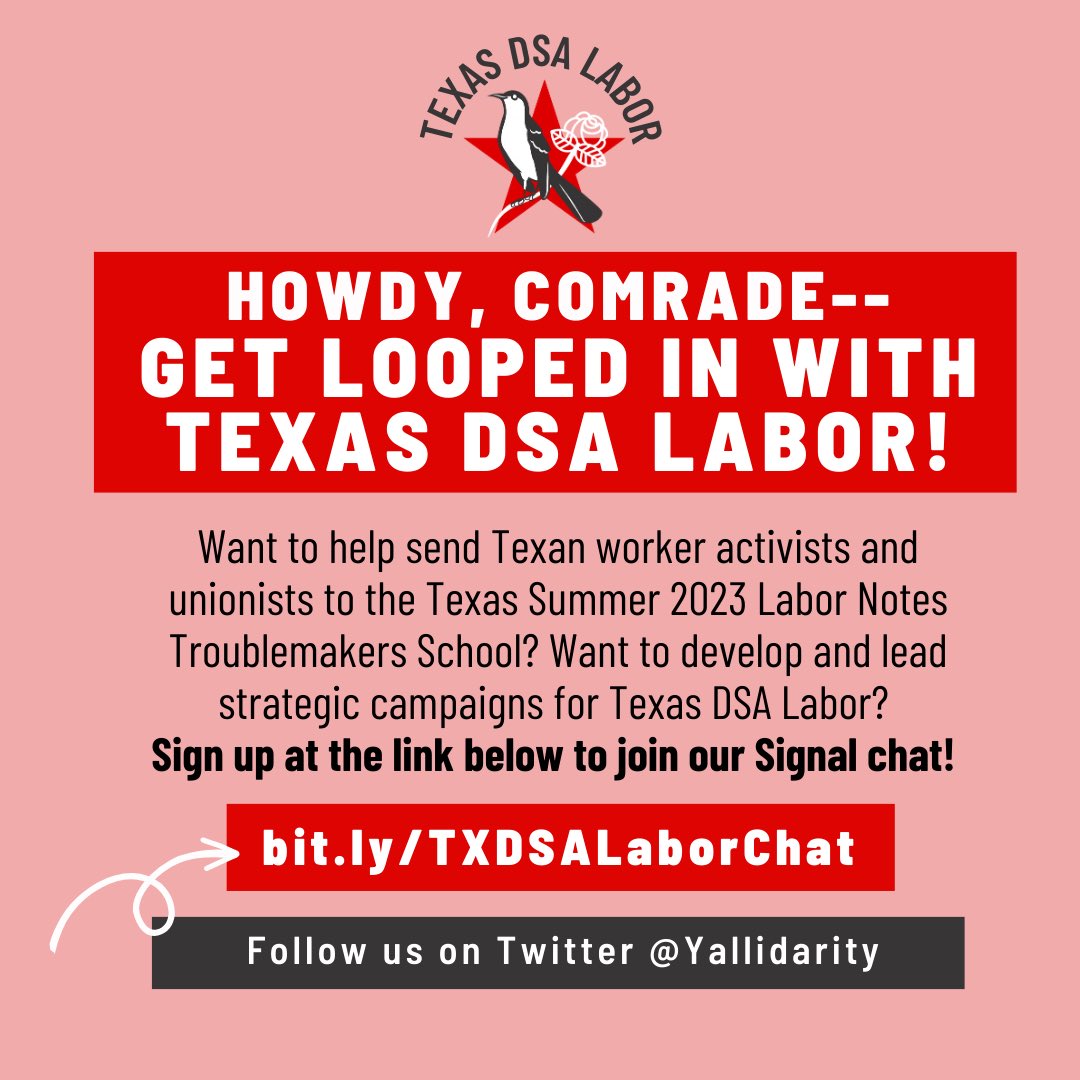 Texas DSA Labor has BIG plans for 2023 but we need your 🫵 help to make them happen. To fight the far-right and build a just future, Texas needs more organized worker power. Are you ready to get in the fight?

Join us: bit.ly/TXDSALaborChat

#yallidarity #TrySocialism #dsa 🤠🌹