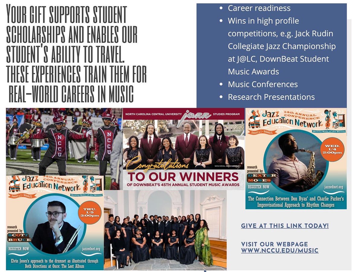 If you’re looking for somewhere to do your end-of-year giving, consider NC Central University’s Department of Music, a top tier HBCU! Visit our website here: nccu.edu/music and give here: Https://“nccu.edu/institutional-… #HBCUs #nccu #givingback