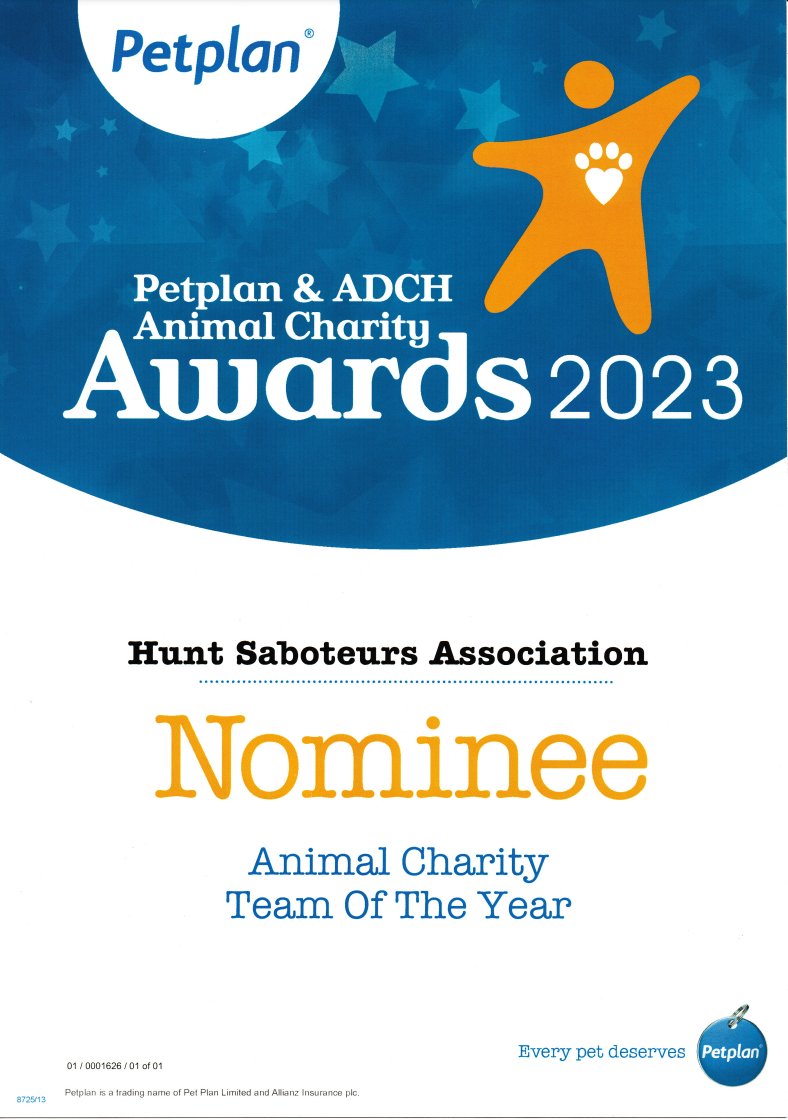 HsaChair's tweet photo. The Hunt Saboteurs Association has been nominated for the Animal Charity team of the year. https://t.co/dK2PPcDIm0