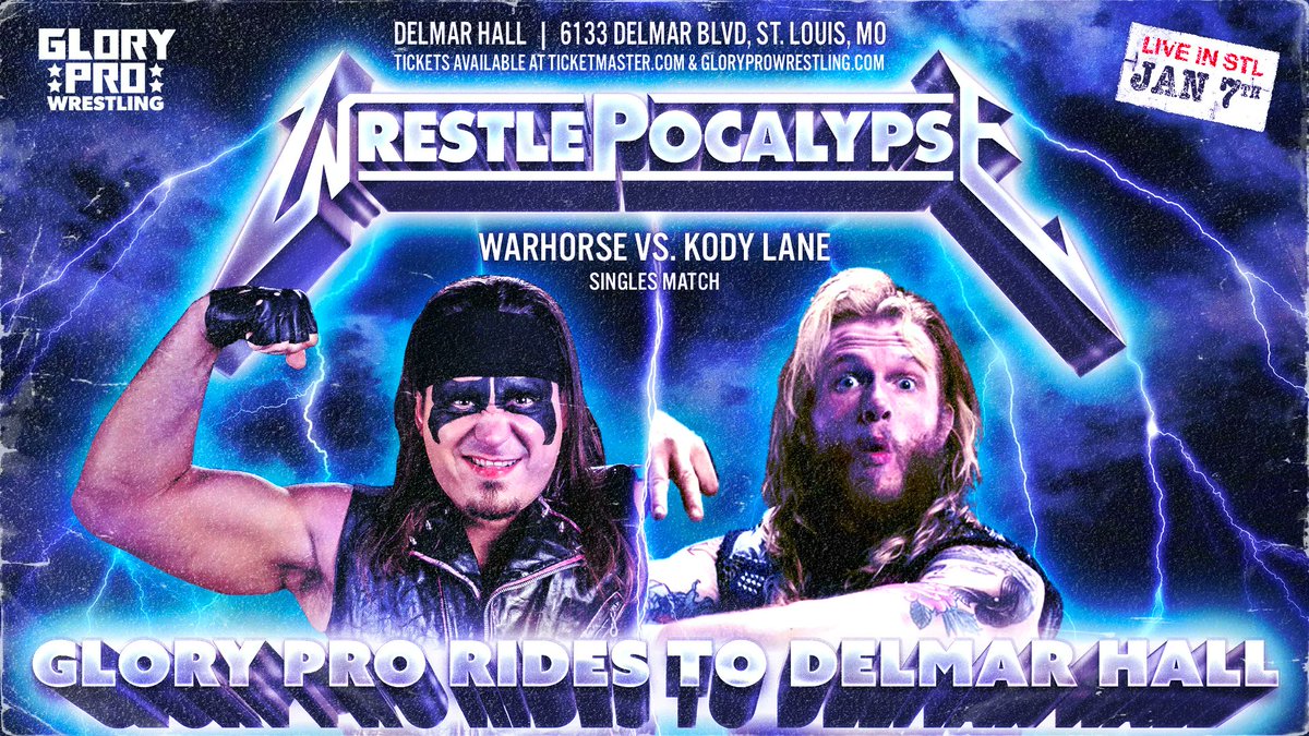 WeAreGloryPro's tweet photo. Tickets on sale now for WrestlePocalypse at @DelmarHallstl

Sat 1/7 Feat

Curry Man vs @ThanksDanTheDad 
@HEELCamaro vs @JakeSomething_ 
@IamKylieRae vs @TheTootieLynn 
@JPWARHORSE vs @VeryKodyLane 
@ActualALove vs @blairxyno + MORE

Presented by @ComicsState

🎟️ Link in bio 🎟️ https://t.co/x8sdT2XlvK