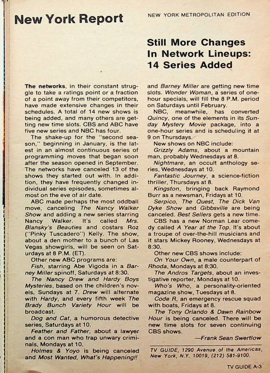 PonchRama's tweet photo. Dec 30 '76 - New shows about to begin include "Fish," "Grizzly Adams, " &amp; a few special eps of "Wonder Woman." And I never realized "The Brady Bunch Variety Hour" was in a rotation w "Nancy Drew/Hardy Boys Mysteries" #TVGuide #OTD #1970sTV #1970s https://t.co/SX2szUSvuc