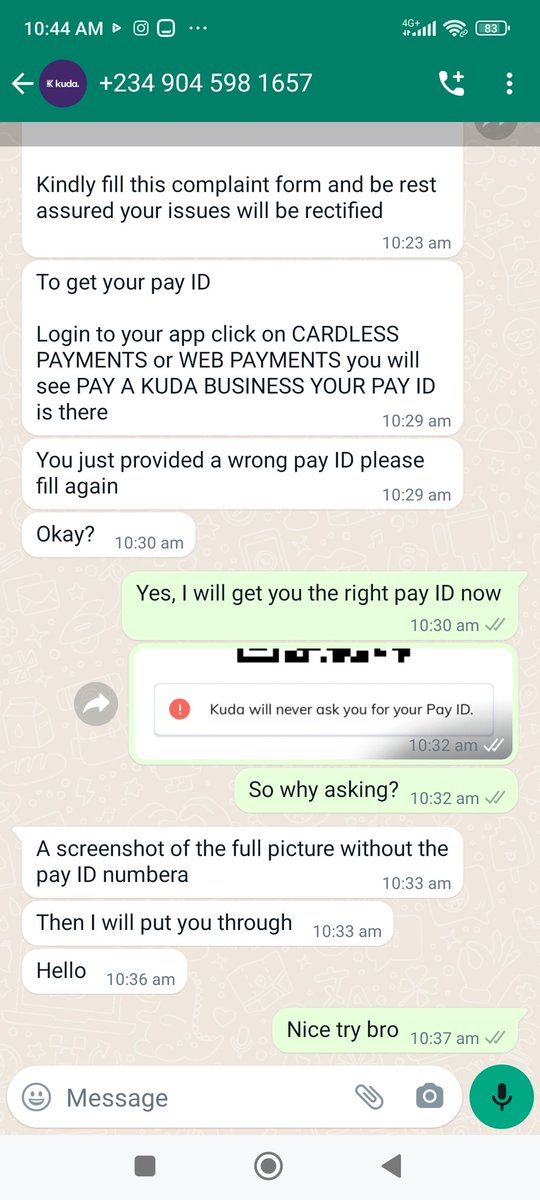 KelvinJoseph10's tweet photo. It was at that point I knew he was a fraudster. He even asked that I should send the Pay ID barcode. I was really at the verge of being duped today. Guys, please carefully check the handle that replies on your tweet. The imposter uses @kudahelp_nvh which is not Kuda's handle. https://t.co/a2rxg8lwTk