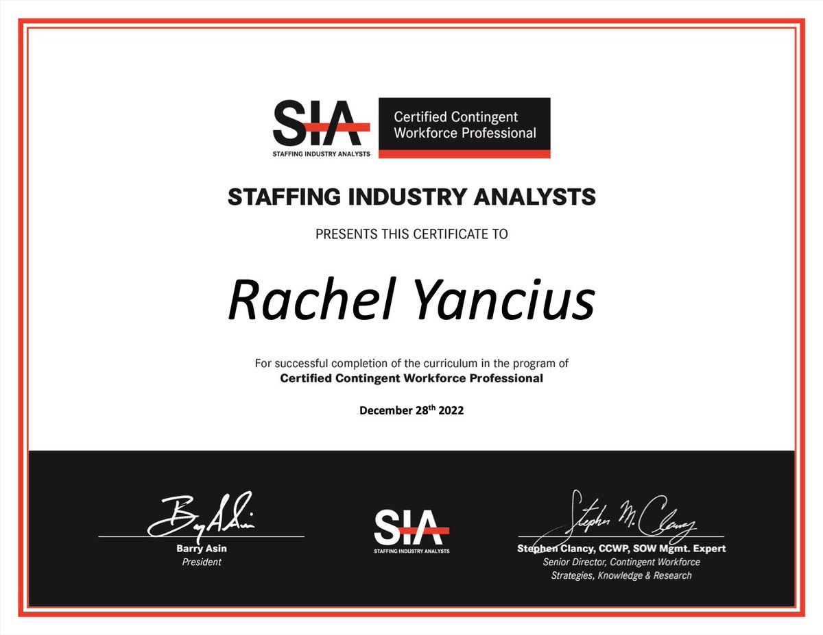 Excited to share I've passed @sianalysts #ContingentWorkforce course &amp; earned the #CCWP credential! The <a href="/worksomedotcom/">Worksome</a> team spent lots of time learning from the CW community this year. Can't wait to continue to drive impact by making global talent more accessible through tech!