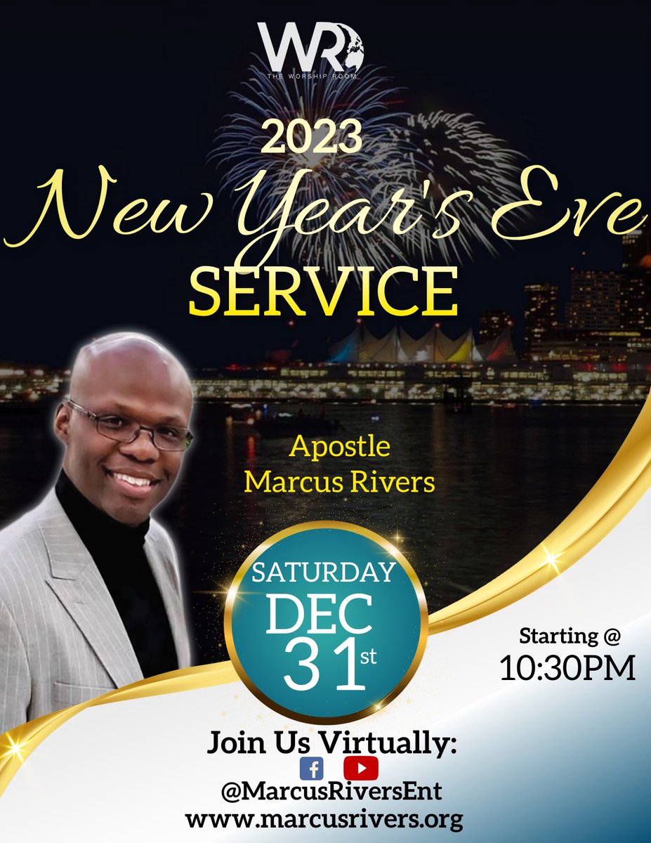 MarcusRiversENT's tweet photo. Celebrate the beginning of a new year with us!!

Service begins tomorrow night at 10:30 pm ET and we will be streaming live on Facebook, YouTube, and our website. 

You don’t want to miss what the Lord is saying for 2023!!

#TheWorshipRoom #NYE #WatchNight #PropheticFlow #2023 https://t.co/H0eOPQmpzm