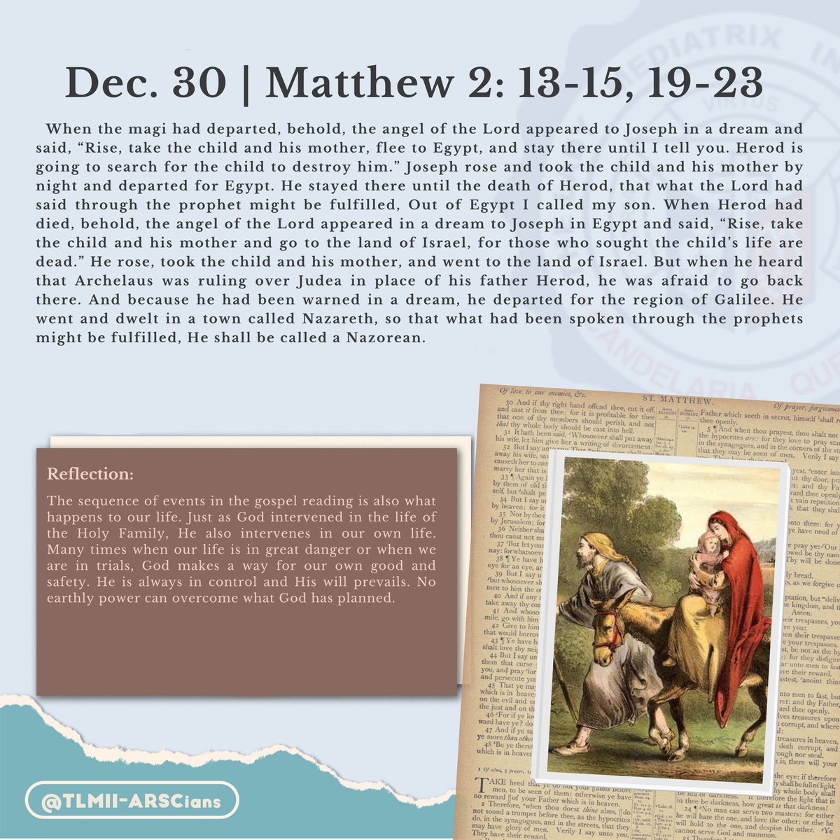 TLMII_ARSCians's tweet photo. Good evening ARSCians! Our Gospel for today, December 30, 2022, is Matthew 2: 13-15, 19-23.

Dios Bendiga! 🤍

#DailyGospel
#TLMIIARSCians https://t.co/Tz8Ass5Vko
