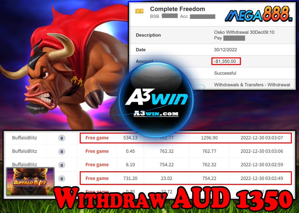 A3winA's tweet photo. 🎰Game : MEGA888
🎮Game Tips : BuffaloBlitz
💲Deposit : AUD 45
🏧Withdraw：AUD 1350

🧬 𝗟𝗜𝗡𝗞👉🏻 https://t.co/8mHEUqhblV

#A3win #Australia #casino #slotgame #Pokies #FreeCredit #FreeGame #jackpotshipping #BestCompany https://t.co/B0D43tUC7I