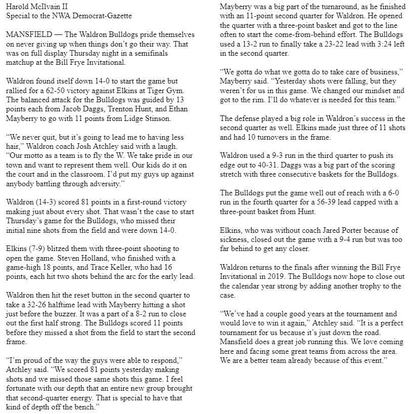 “We never quit, but it’s going to lead me to having less hair. I’d put my guys up against anybody battling through adversity.”

<a href="/WaldronBBall/">Bulldog Basketball</a> overcame being down 14-0 to rally for a win and return to the Bill Frye Invitational championship game
#PrepRally #ARpreps