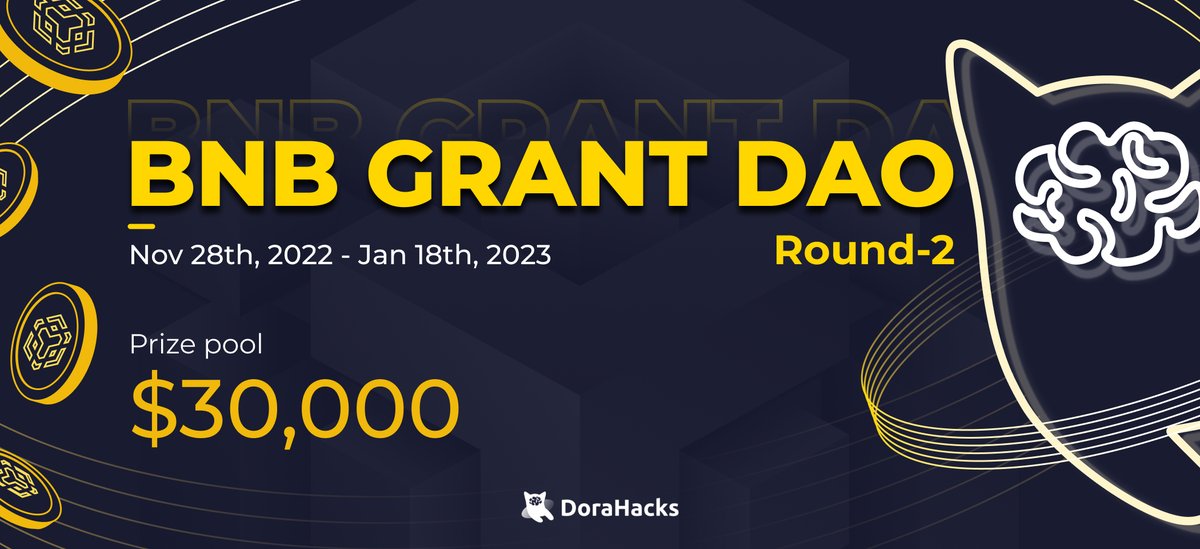 BNBCHAIN's tweet photo. As we head into the New Year there are plenty of opportunities for builders on BNB Chain. 🚀

BNB Grant DAO in partnership with @DoraHacks invites #Web3 builders to put forward submissions for a chance to earn a $30K prize.

Deadline is on 9th Jan, 2023 ⤵️
https://t.co/yx8g5DKLQ1 https://t.co/EYz74Auloq