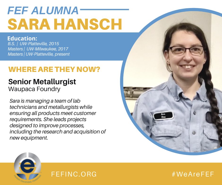 FEF_INC's tweet photo. #WhereAreTheyNow?
Sara Hansch, graduate from UW-Platteville (@uwplatteville) and UW-Milwaukee (@UWM) is now a Senior Metallurgist at Waupaca Foundry (@WaupacaFoundry).
#WeAreFEF #FutureofFoundry #FEFAlumna #SuccessStories #FEF #Community https://t.co/pIQyWYNp3B