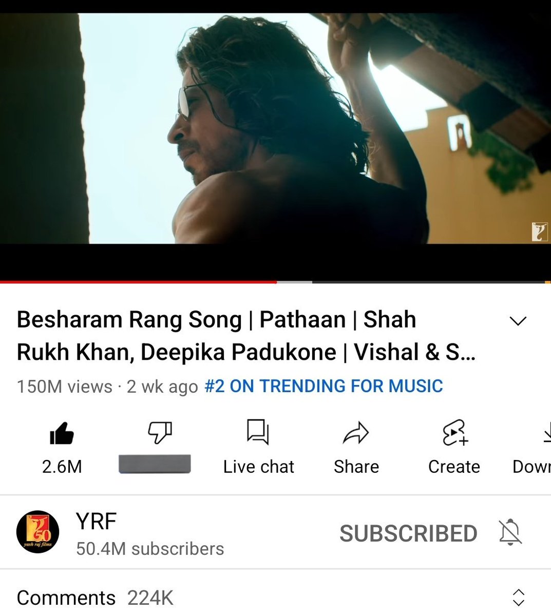 BrijwaSRKman's tweet photo. 150m views for #BesharamRang in just 18 days 🔥😍

2.6m+ likes
224k+ comments
#1 Youtube Global
#2 India Music (#1 - #JhoomeJoPathaan)
YRF Sub count up by a million since the release of the song.

MEGA CHARTBUSTER

Link: https://t.co/SVrUYL3KWn

@iamsrk @deepikapadukone #Pathaan https://t.co/VSQ12i8hxu