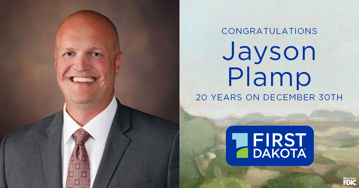 FirstDakota's tweet photo. Hats off to Jayson Plamp on an incredible twenty years at First Dakota! Your commitment to the bank and our customers is unmatched, and we look forward to many more years. https://t.co/ITW6XeWvwb