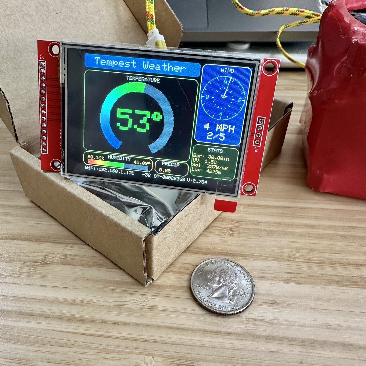 davidcappello's tweet photo. Catching up on fun projects - Wemos powered weather display #diy @weatherflow https://t.co/gXm7P6P7xa