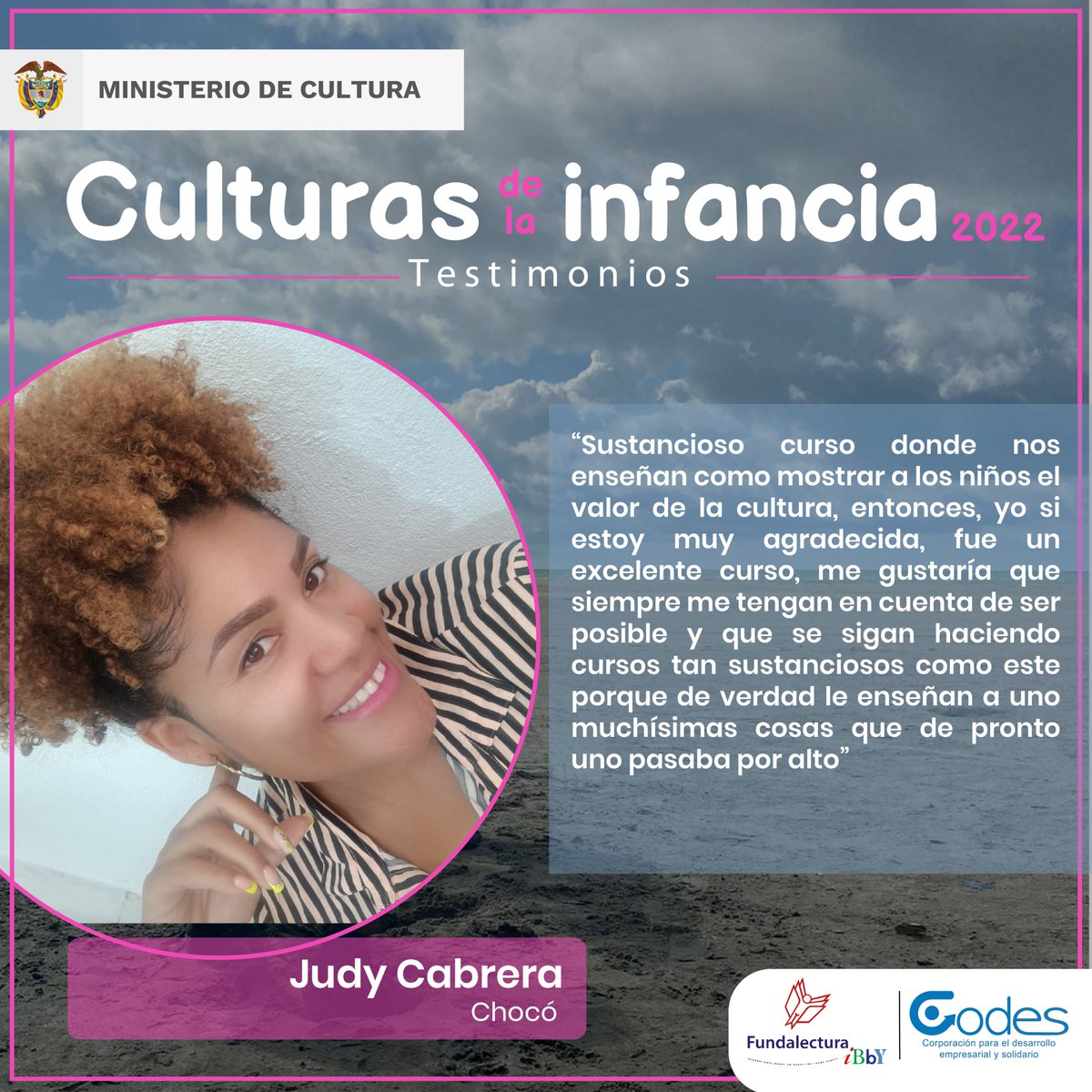 Desde el Chocó, Judy Cabrera nos dejó un testimonio sobre su participación en el ciclo Culturas de la Infancia 2022. Muchas gracias. <a href="/dirpoblaciones/">Dir. Poblaciones</a> <a href="/mincultura/">MinCultura Colombia</a> <a href="/Fundalecturaco/">Fundalectura</a>