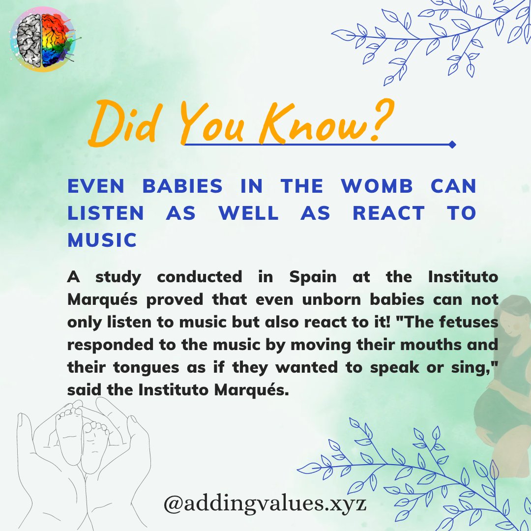 AddingValuesHQ's tweet photo. EVEN BABIES IN THE WOMB CAN LISTEN AS WELL AS REACT TO MUSIC:

A study conducted in Spain at the Instituto
Marqués proved that even unborn babies can not only listen to music but also react to it!
Read Description…

#WednesdayWisdom #AV #babies #Facts https://t.co/UJ90R987vn