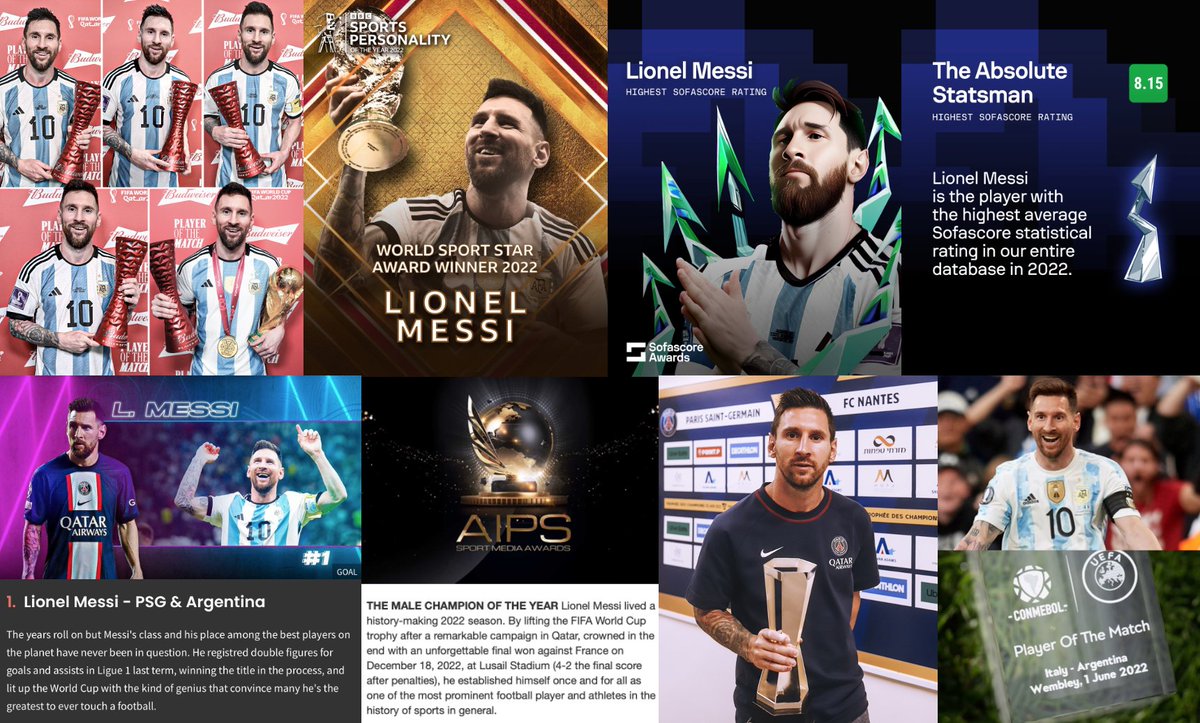 #Messi 2022:
51👕
35⚽️
30🅰️
🏆Ligue 1
🏆SC Francia
🏆Finalissima
🏆Mundial
🏅MVP SC Francia
🏅MVP Finalissima
🏅MVP Mundial
🥇5 MOTM Mundial
🥇<a href="/goal/">GOAL</a> GOAL50 Mejor jugador
🥇<a href="/BBCSport/">BBC Sport</a> Mejor Deportista Masculino
🥇@SofascoreINT Absolute Statsman
🥇<a href="/AIPSmedia/">AIPS MEDIA</a> Mejor Atleta Masculino