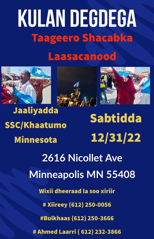 Riovice's tweet photo. If you’re in MN this tomorrow, attend this consultative meeting in regards to the situation in #Laascaanood. ⤵️
📅12/31/22
⏲️2PM
🏠 2616, Nicollet Ave, #Minneapolis, MN, 55408.
#SSCGenocide #Nomore #SSCGD2022 #StandWithSSC #HandsOffSomalia #Somalia https://t.co/TSmbwRYy4F