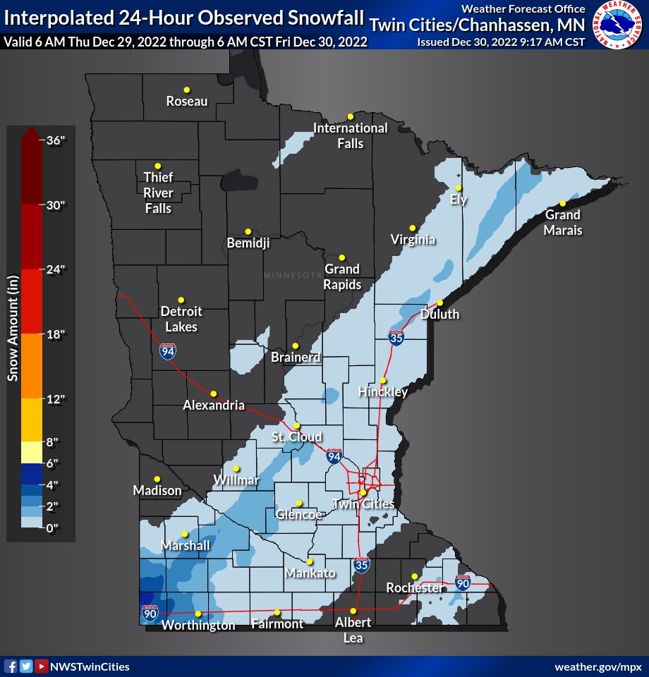 NWS Twin Cities on Twitter "Snowfall map from past 24 hours showing a narrow band from SW to NE