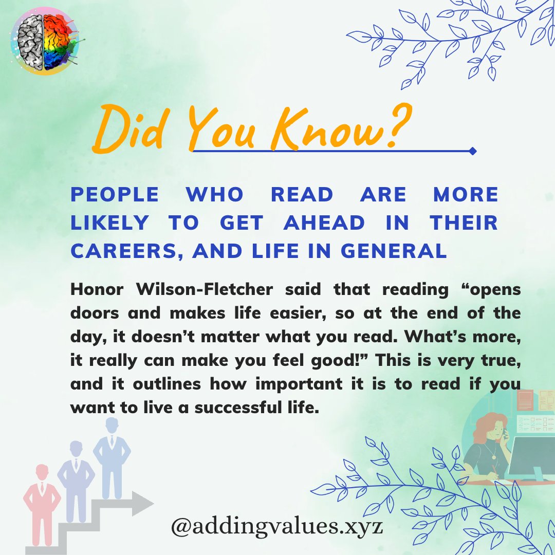 AddingValuesHQ's tweet photo. PEOPLE WHO READ ARE MORE LIKELY TO GET AHEAD IN THEIR CAREERS, AND LIFE IN GENERAL:

Honor Wilson-Fletcher said that reading "opens doors and makes life easier, so at the end of the day, it doesn't matter what you read.
Read Description…

#WednesdayWisdom #AV #growthmindset https://t.co/RbNiS6RNLr