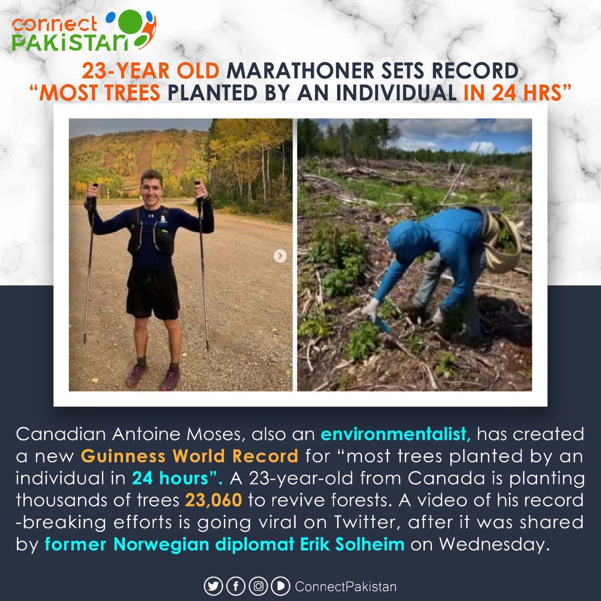ConnectPakista8's tweet photo. Canadian Antoine Moses, also an environmentalist, has created a new Guinness World Record for "most trees planted by an individual in 24 hours". 23-year-old from Canada is planting thousands of trees 23,060 to revive forests. 

 #video #canada #connectpakistan #dailynews https://t.co/OI9D1RKHZB