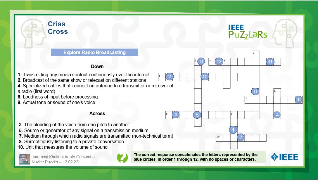 Explore radio broadcasting and solve this criss cross #puzzle.  Discover it in the #IEEE Puzzlers community and earn Puzzler badges.  ieee-collabratec.ieee.org/app/community/…