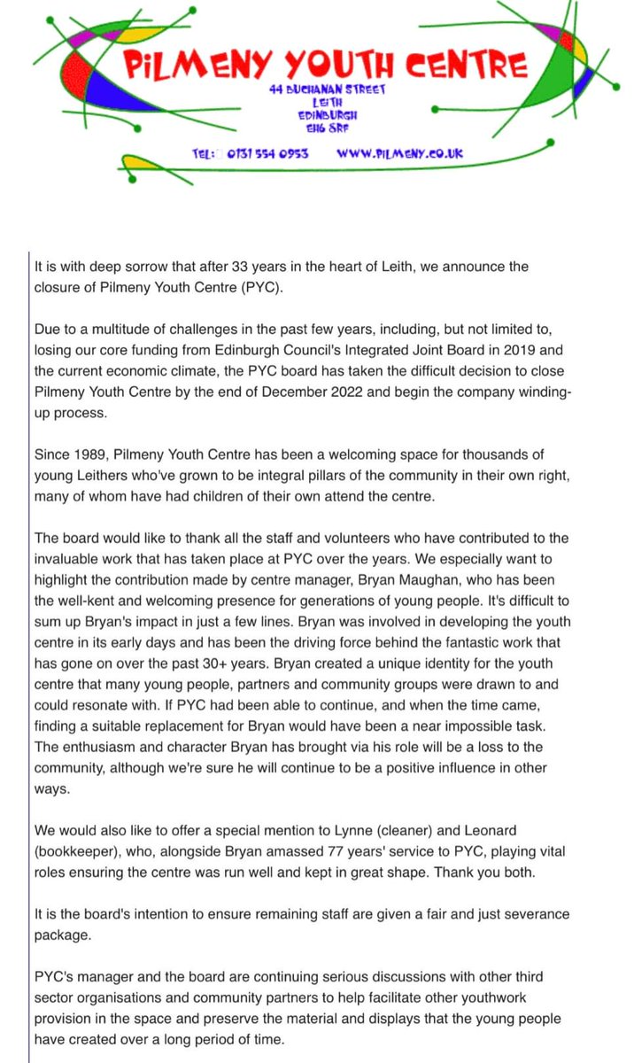 Grief-stricken that @Pilmeny Youth Centre will be shutting its doors tomorrow after 33 years.

This is years of local government cuts coming home to roost. It may not be as headline-grabbing as other huge closures in 2022 but #Leith's young ppl are losing out.