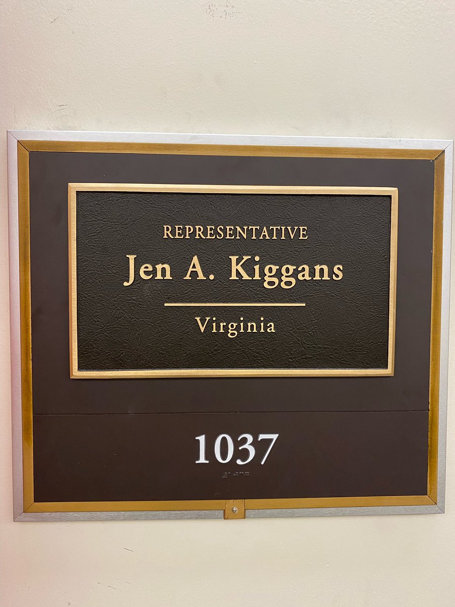 JenKiggans's tweet photo. Check out the new door name plate for our D.C. office….!  Four days until we official flip the U.S. House of Representatives and balance the one-sided power in Washington…!  I can’t wait to be sworn in on January 3rd &amp; get to work for America and for the people of VA-02! https://t.co/dr9e9MpCY4